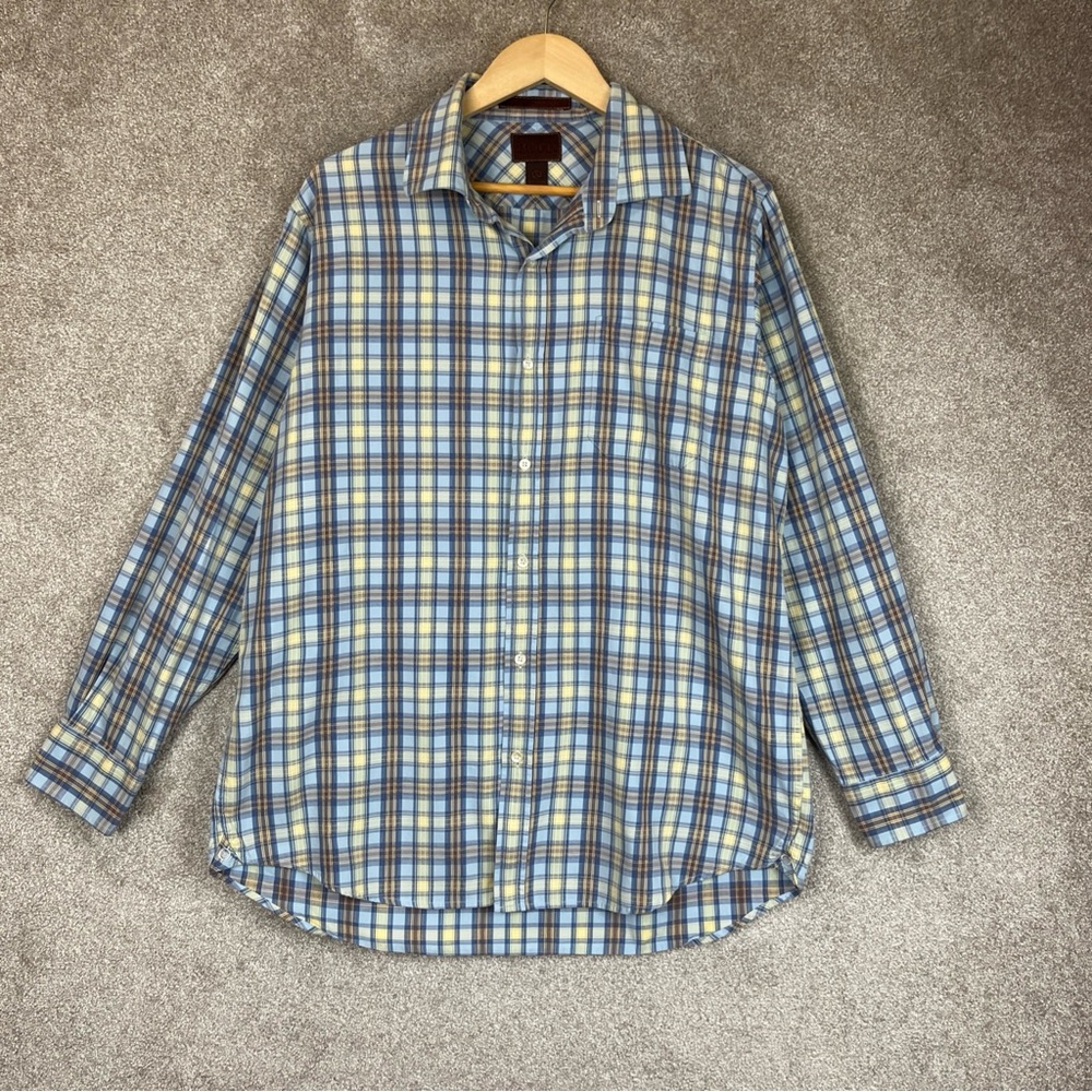 Born Shirt Mens Large Blue Yellow Plaid Cotton Long Sleeve Button Front- 3466*